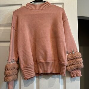 SHEIN Pink Cowl Neck Sweater with Embellished Sleeves